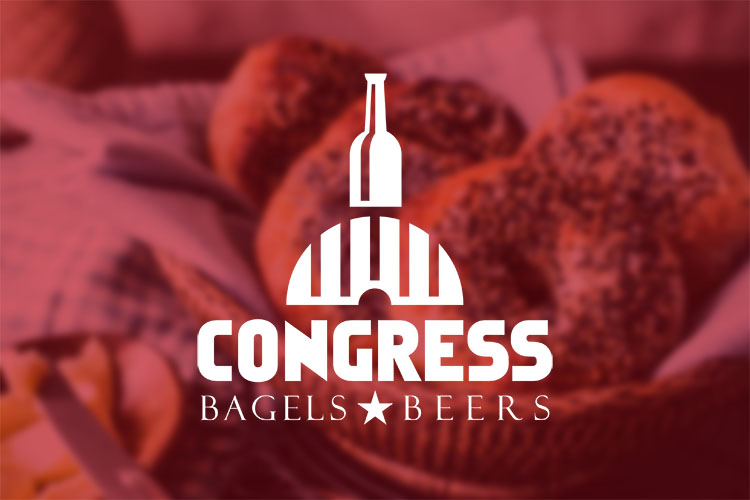 Congress Bagels and Beers logo in white on red background